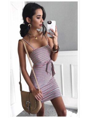 Striped Bodycon Mini Dress Spaghetti Strap Tie Waist Stretch Summer Women M NWT